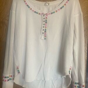 Free Poeple White Long Sleeve Top with Colorful Trim